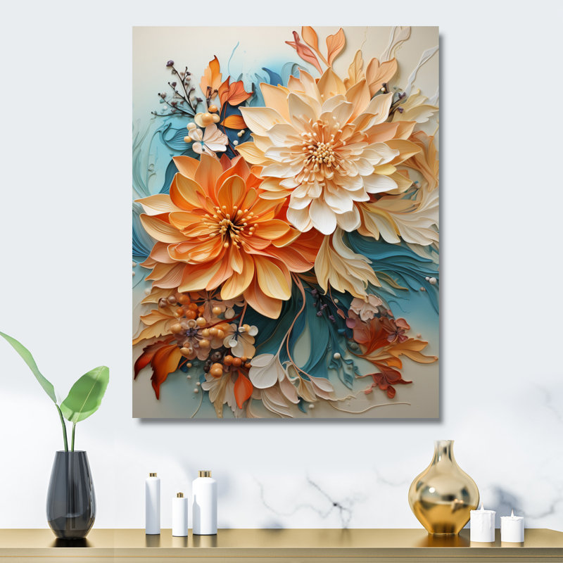 Tourbillon orange sarcelle botanique I - art botanique abstrait en métal, H 32 po x l 16 po