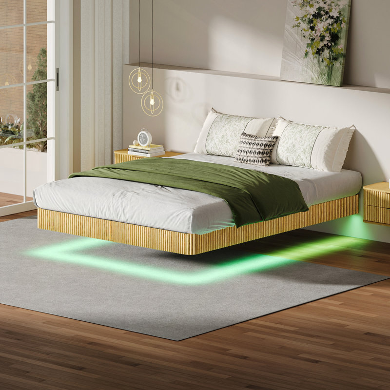 Cadre de lit flottant avec lumières DEL, lit à texture de bois Wave Curve avec lattes en métal robustes - aucun sommier tapissier requis.