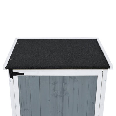Remise de rangement deux tons 54 po avec agencement de couleurs gris et blanc, toit incliné pour rester à l’extérieur, intérieur avec 5 compartiments pour tondeuses à gazon de 54 po, résistant aux intempéries et à l'eau, outils extérieurs encombrants