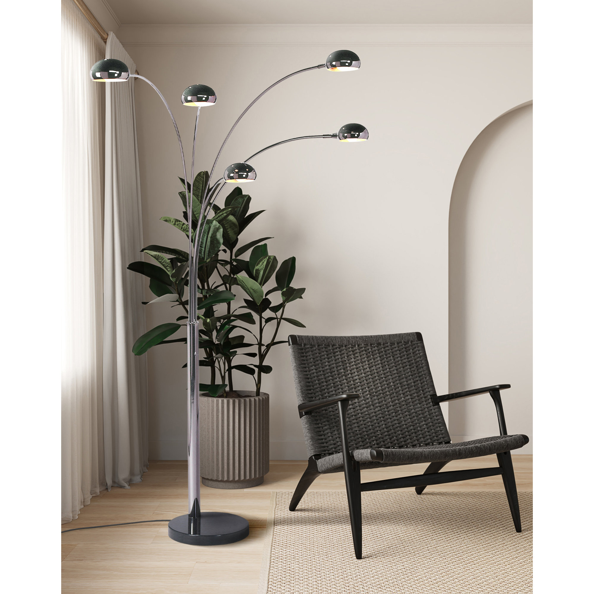 Mushroom 5 Light Arc Floor Lamp - Dimmer switch, Marble base, Black Nickel