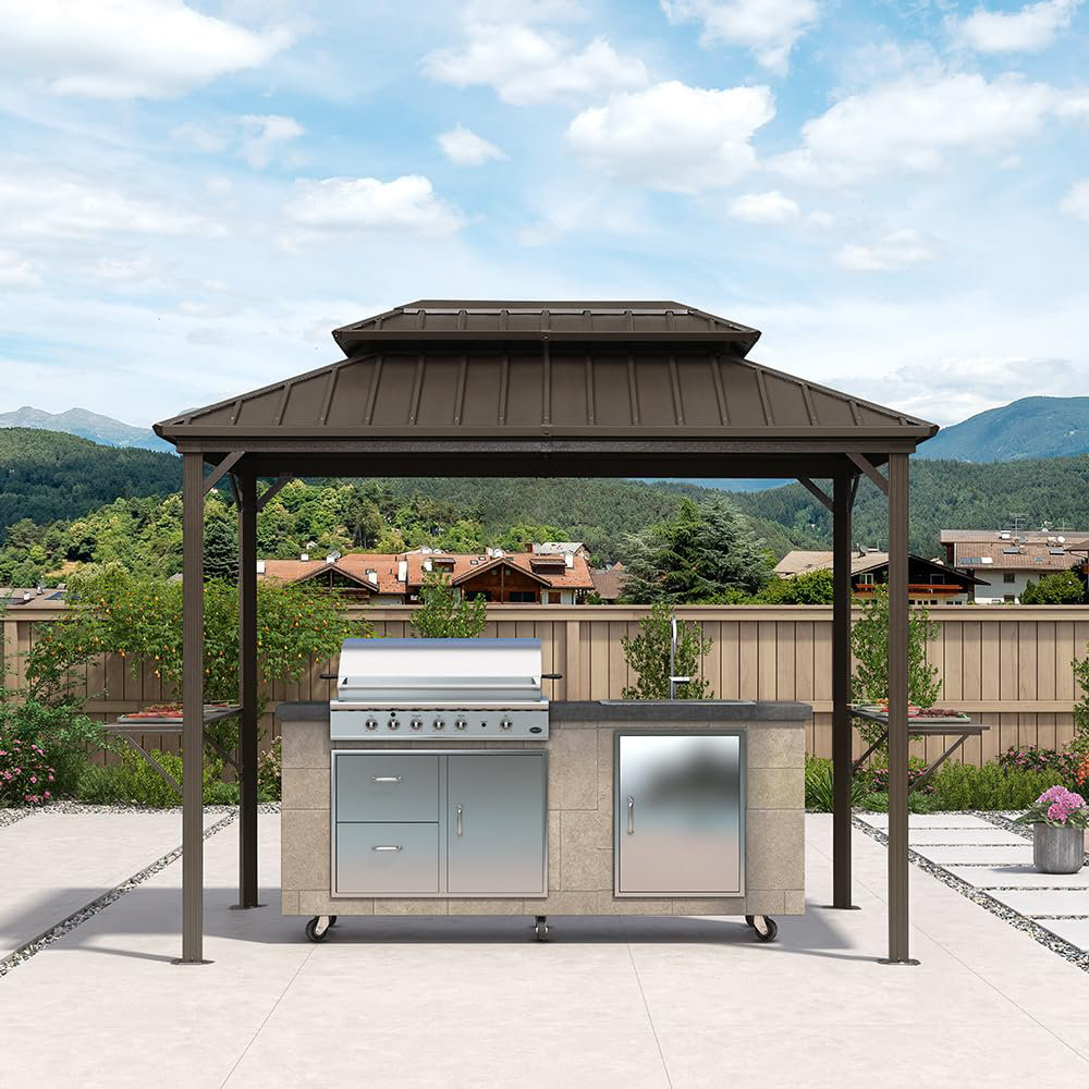 Metal Hardtop Grill Gazebo  with 2 Side Shelves for BBQ Purple Leaf 