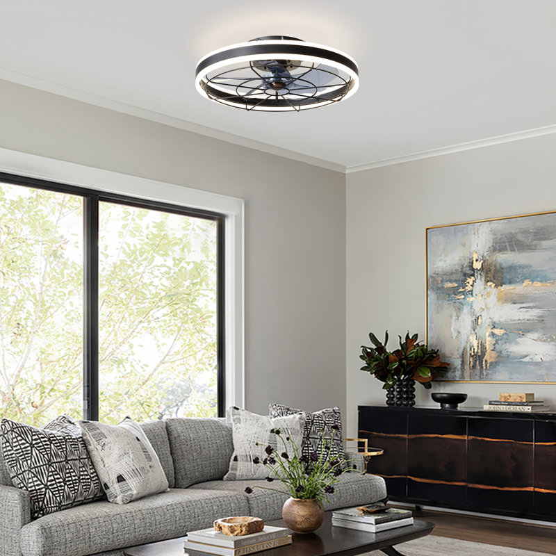 20" Modern Black Low Profile Caged Dimmable Ceiling Fan With Led Light Remote And App Control Reversible Dc Motor, Black