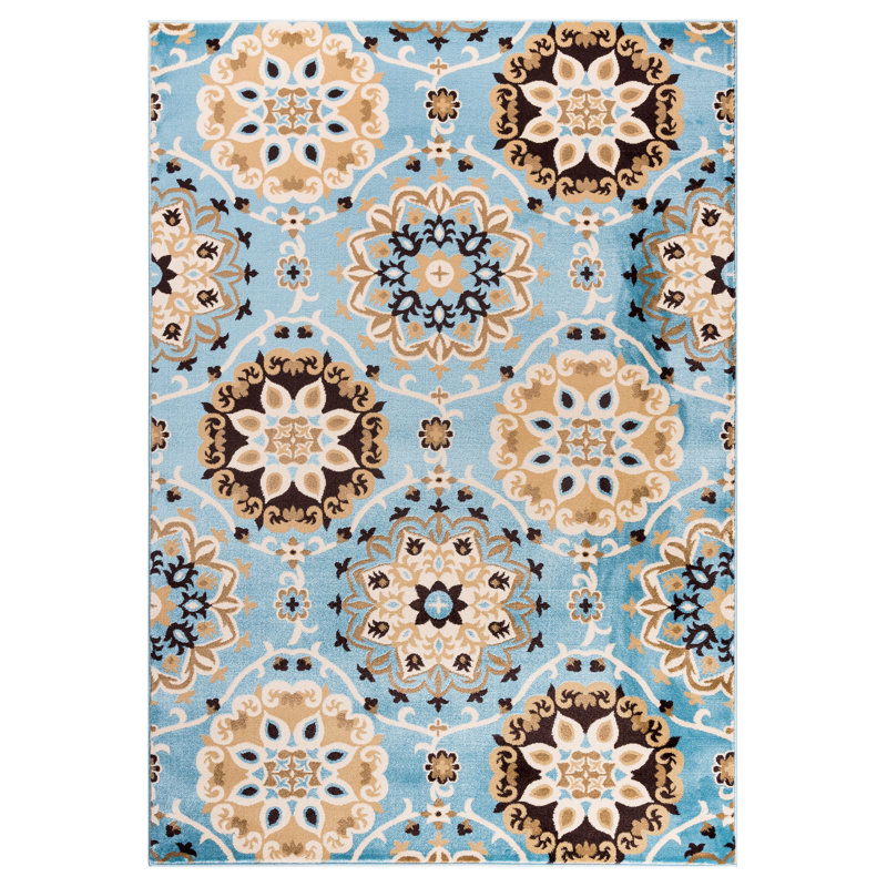 Tapis bleu / beige tissé à la machine Rundle, Rectangle 2 pi 2 po x 3 pi