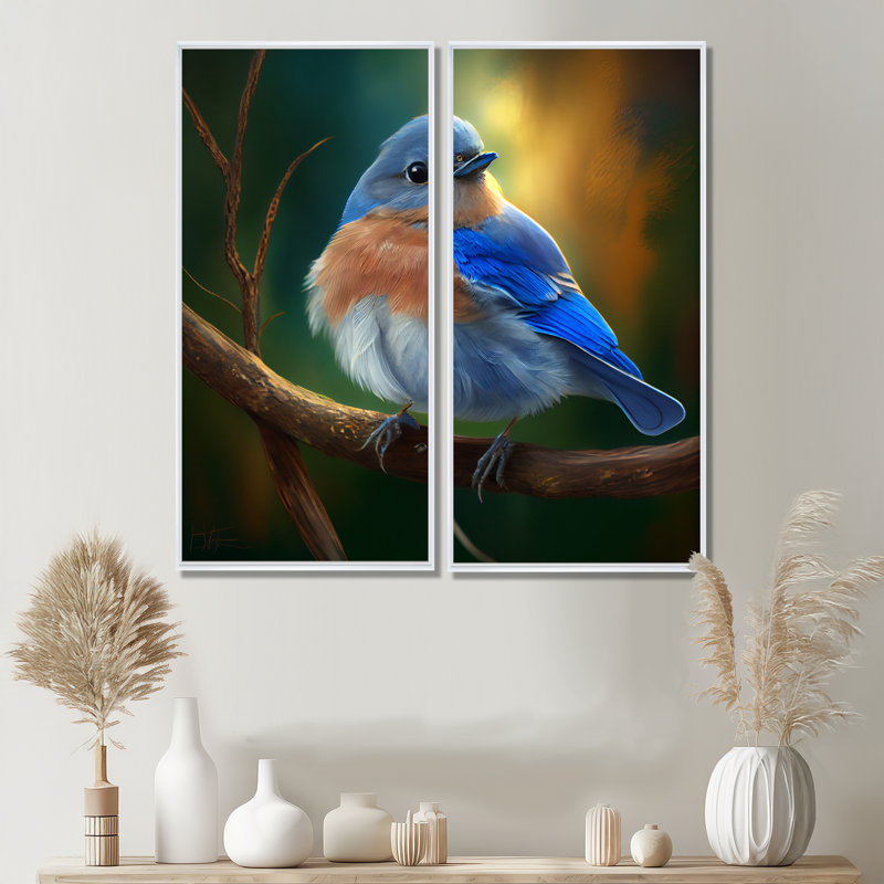 Magnifique oiseau bleu brillant sur une branche III - grand oiseau, art mural, 20" H x 24" W, Floater Frame, White