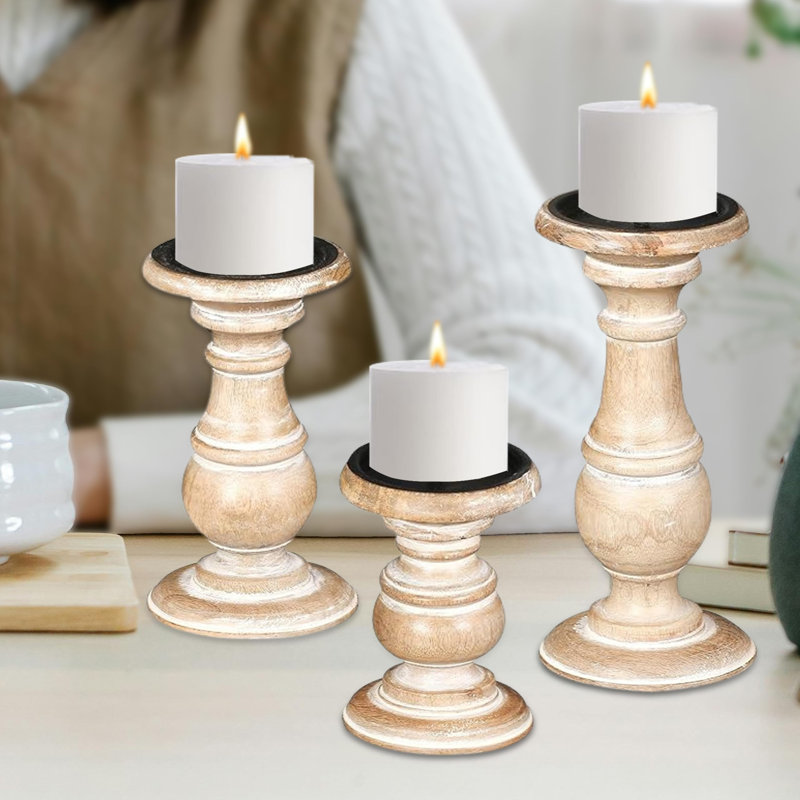White Wash Wood Pillar Candle Holders, Set of 3, White Wash