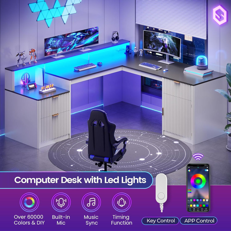 Ilana L-Shaped Computer Desk with Power Outlet, White