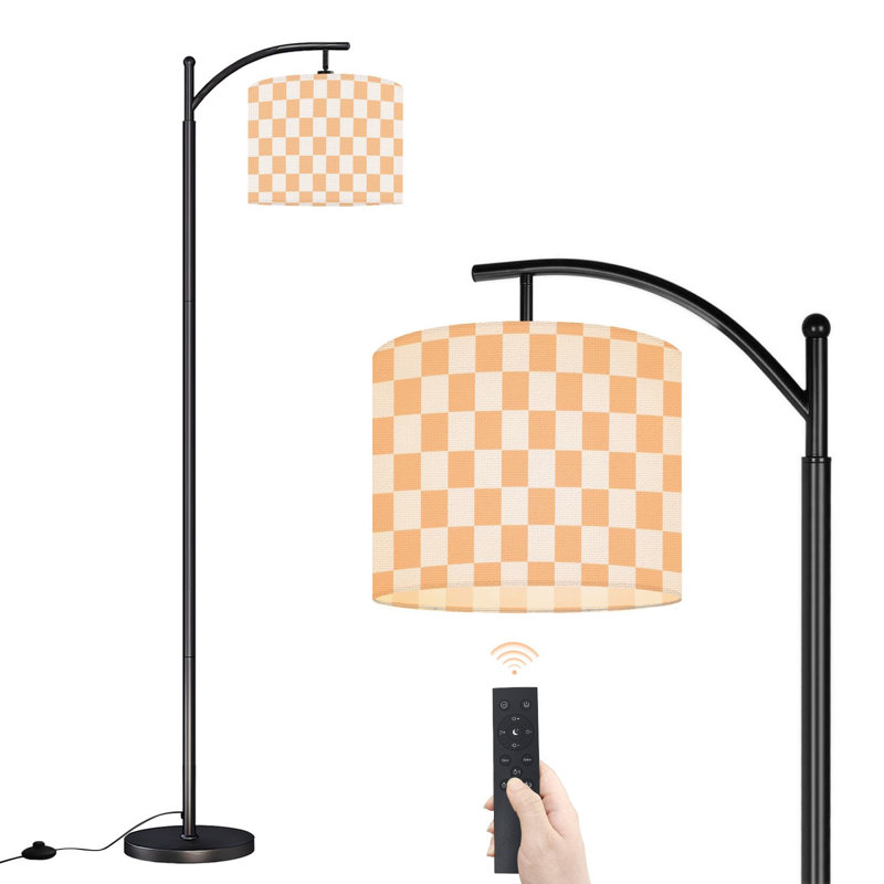 Lampe sur pied à arc avec abat-jour réglable, damier orange, lampe sur pied à carreaux géométriques minimaux, 3 températures de couleur, gradateur haut, avec interrupteur au pied pour la chambre à coucher