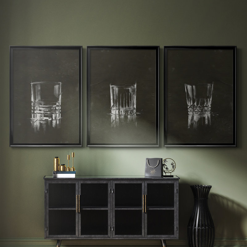 Crystal Barware V - Toile tendue avec châssis sur mesure - 3 pièces, Noir, noir, noir, noir, H 30 po x l 63 po