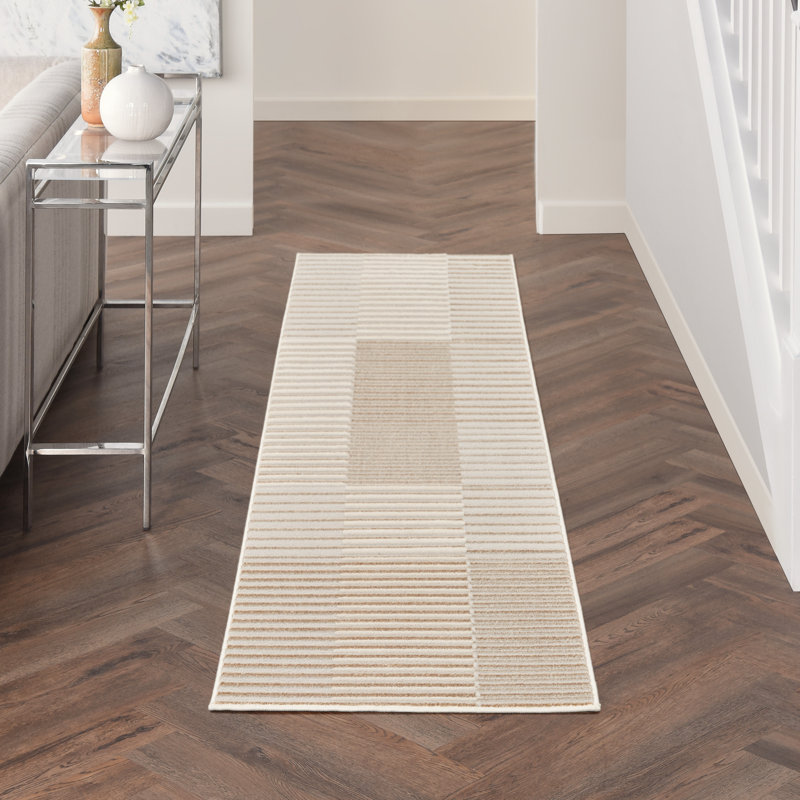 Tapis abstrait en polyester / polypropylène beige tissé à la machine, Tapis de couloir 2 pi 2 po x 7 pi 6 po