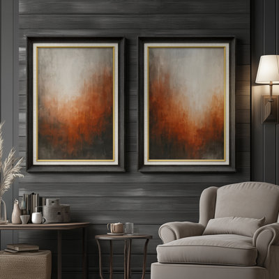 «Burnt Ombre Abstract», impression de décoration moderne sur fond dégradé orange foncé et gris - ensemble de 2 reproductions d'art encadrées de qualité supérieure sur papier 26 po x 36 po