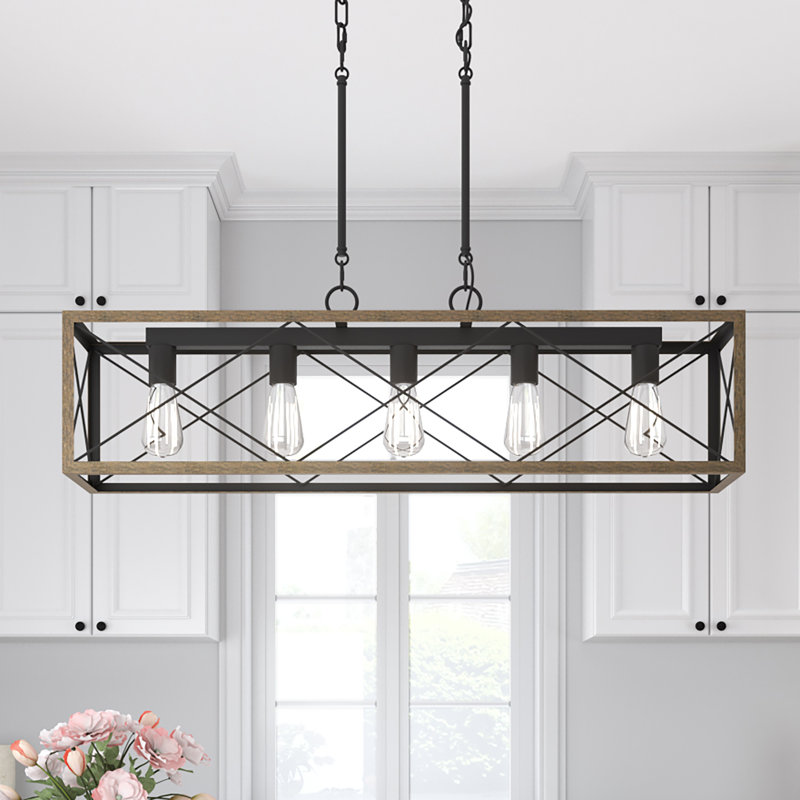 Lustre linéaire à 5 lumières pour îlot de cuisine Darlington, Bois de pin / zinc vieilli