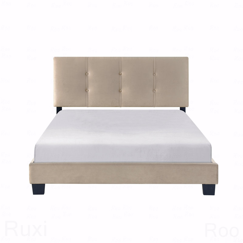 Structure de lit double en velours, réglable, capitonnée, Lit double, Brun