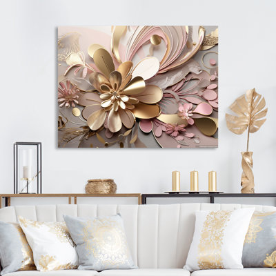 Liquid Art Gold And Pink Floral Effervescence - Abstract Canvas Art Print