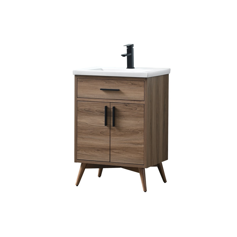Binford 24'' Single Bathroom Vanity with Ceramic Top, Light Walnut/Matt Black
