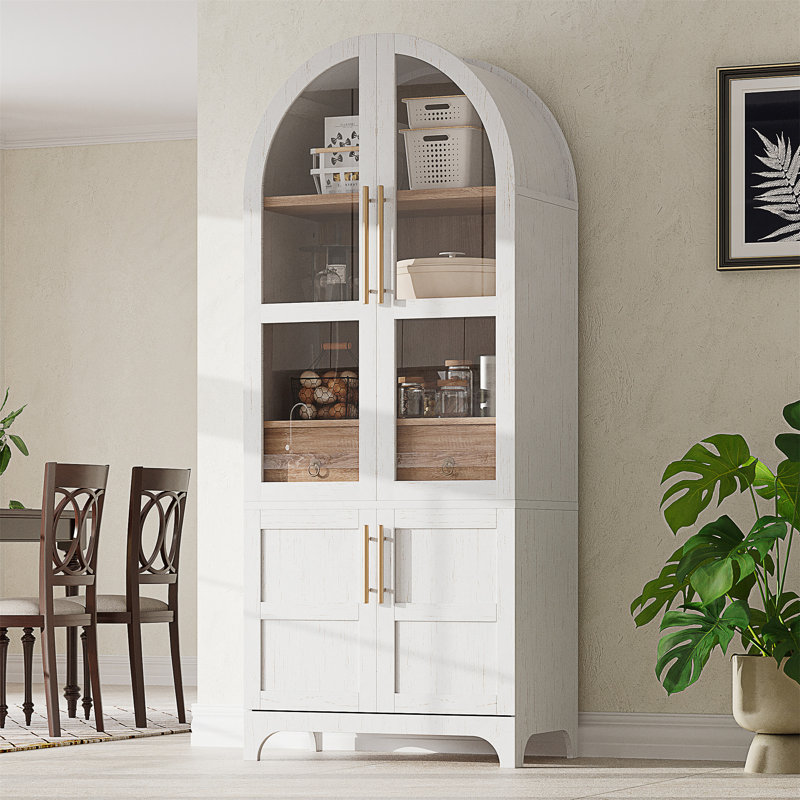 Grand garde-manger arqué de 71 pouces avec tablettes réglables, tiroir caché et porte vitrée pour un rangement efficace et une conception élégante