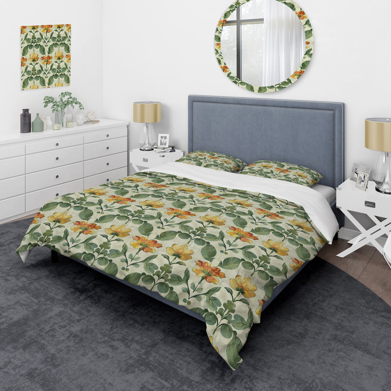 Ensemble de housse de couette Beige Green Modern Flower Garden I - Modern, King Duvet Cover + 2 King Shams
