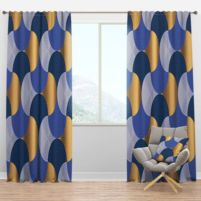 Vagues rétro de luxe en or et bleu X - Rideau Mid-Century - Velours obscurcissant - 1 panneau