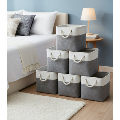 Ensemble de 6 boîtes de rangement en lin 11,2 x 11,2 pouces, blanc et gris, grande taille, pliable avec corde. Convient à la maison / bureau / garde-robe. Pratique pour organiser les vêtements et les jouets.