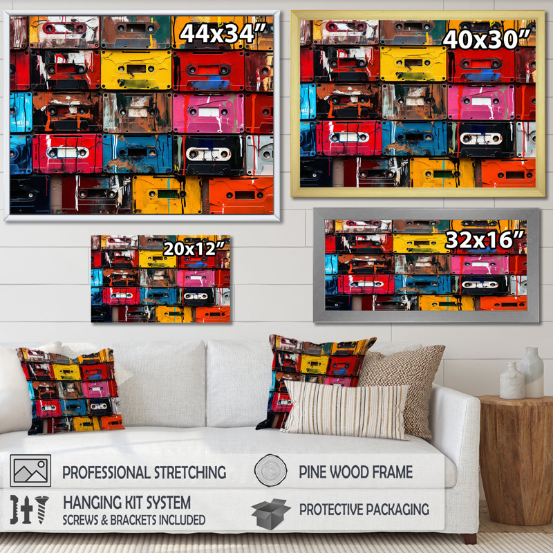 Art pop coloré avec bandes mélodiques IV - cassettes sur toile, Cadre d'angle fermé noir, H 30 po x l 40 po x P 1,5 po