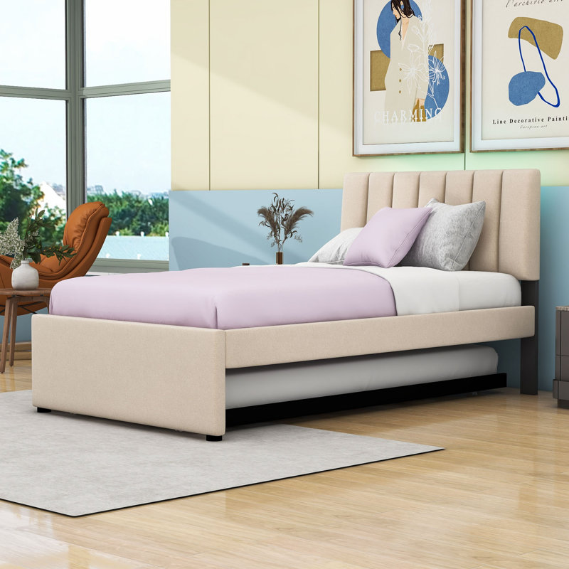 Lit rembourré Teddy avec lit gigogne et DEL, Beige, Simple