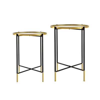 Hannes Set of 2 Nesting Side Tables with Glass Tops, Black and Gold Iron Frame