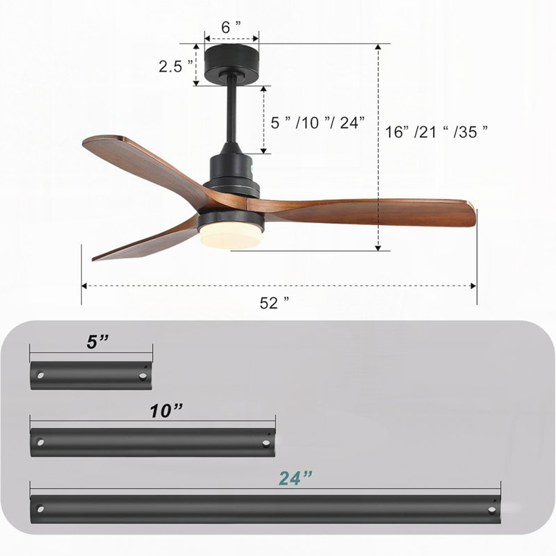 Ventilateur de plafond 52 pouces avec lumière DEL à intensité variable, télécommande 6 vitesses, moteur à courant continu réversible pour la chambre à coucher