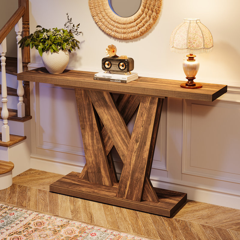 Rustic Brown 55'' Wood Console Table with Geometric Base