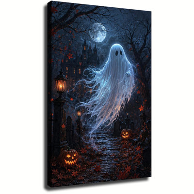 Glowing Ghost Floating In Moonlit Graveyard With Jack O Lanterns And Haunted Castle, Halloween Canvas Wall Art