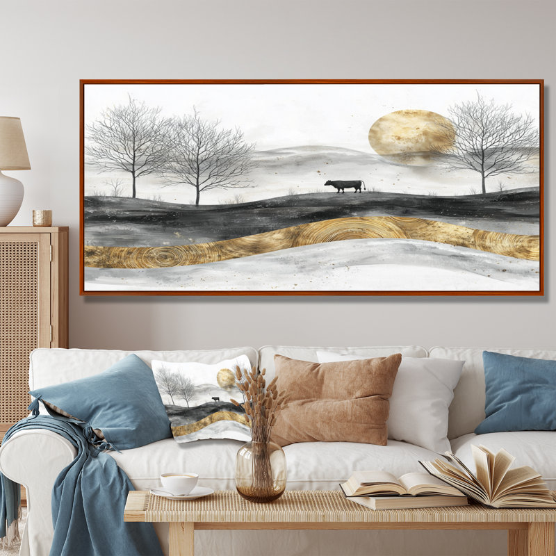 «Cow Into A Bold Farm Landscape IV», art mural sur toile, H 28 po x l 60 po, Impression encadrée flottante, Brun