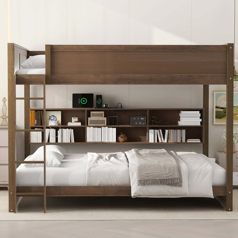 Grand lit superposé grand sur grand avec armoires de rangement intégrées et ports de charge USB pratiques, ton bois antique