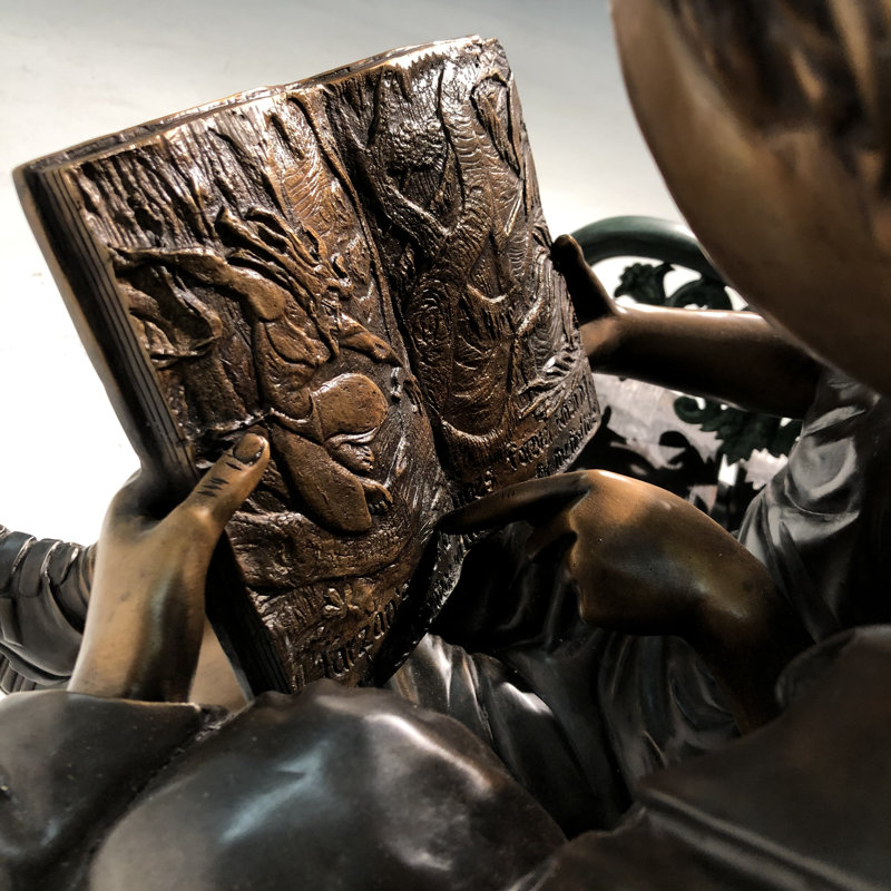 Bronze Boy and Girl Reading Book on Bench Sculpture