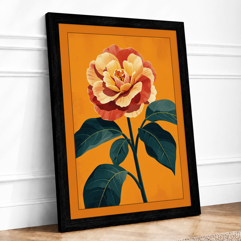 Single Rose in Gold Botanical - Framed Print, A3 - 42.0 x 29.7 cm, Black