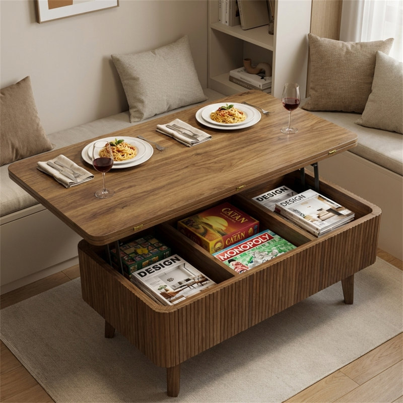 Table basse 3 en 1 à plateau relevable avec rangement, table convertible cannelée en bois