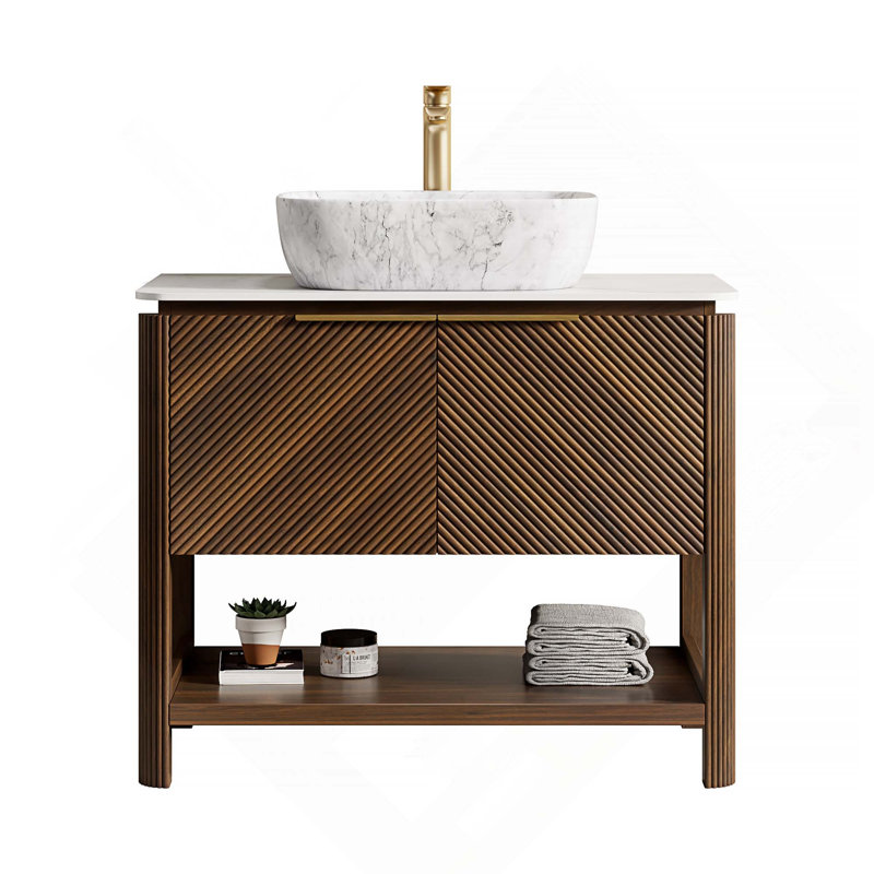 Bathroom Vanity & Sink, Freestanding Plywood Storage Cabinet With Diagonal Striped Doors & Open Shelf, Marble Pattern Ceramic Basin & Sintered Stone Top