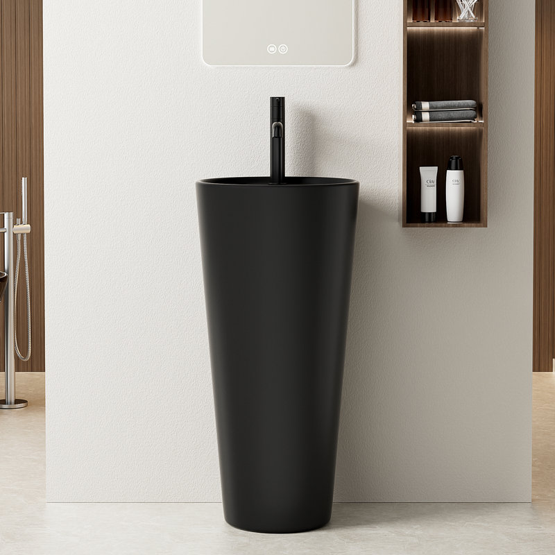 SUPERFLO 33'' Tall Ceramic Circular Pedestal Bathroom Sink with Overflow, Matte Black