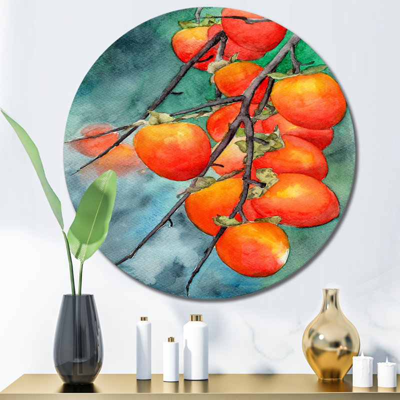 Ripe Persimmons On Branches On Green - Art mural traditionnel en cercle en métal, H 36 po x l 36 po x P 1 po