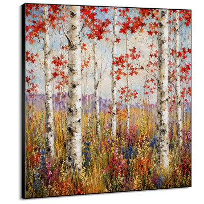 Très grand reproduction d'art sur toile - Bouleaux d'automne rouges avec champ de fleurs sauvages colorées pour le salon ou la chambre à coucher - «Assemblage requis du cadre (cadre non fini)»
