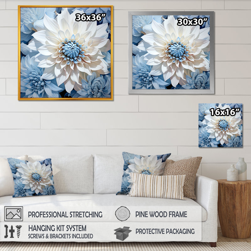 «White and Blue Dahlia Embrace», reproduction sur toile, Cadre naturel flottant, H 36 po x l 36 po