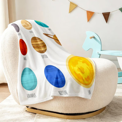 White Ultra Soft Flannel Fleece Throw Blanket,Solar System Planets with Single-Sided Print