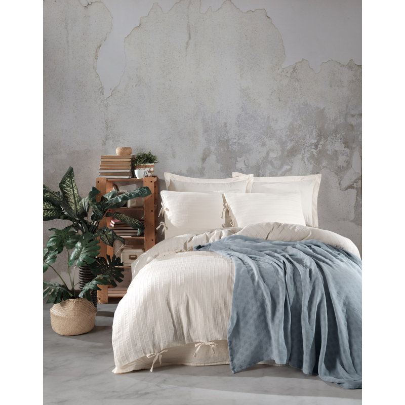 Luxurious 100% Cotton Double Quilt Cover Set, Mint & Cream | Includes Duvet Cover (79.0 x 86.6 in), Flat Sheet (94.5 x 102.4 in), 4 Pillowcases (19.7 x 27.6 in) | Jacquard Design, Machine Washable, Soft & Stylish Bedding