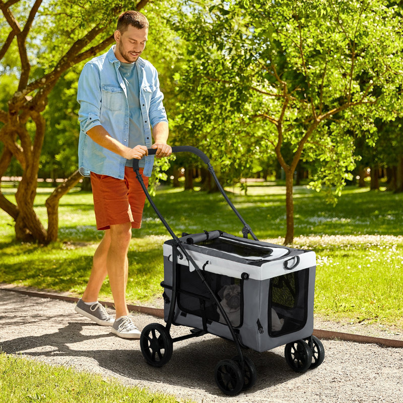 Foldable Pet Stroller, Grey/Brown/Blue