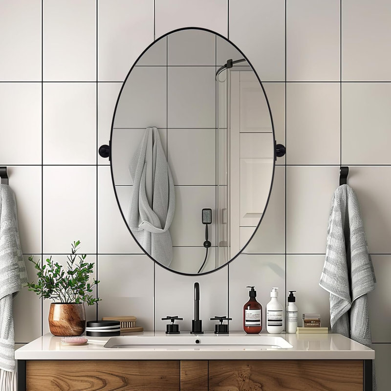  Miroir de salle de bain mural inclinable | Cadre pivotant réglable en acier inoxydable, Noir mat, 36 po x 24 po