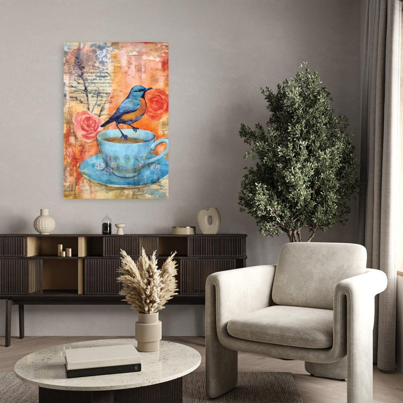 Pause-café avec oiseaux et fleurs - Affiche murale contemporaine, H 36 po x l 24 po