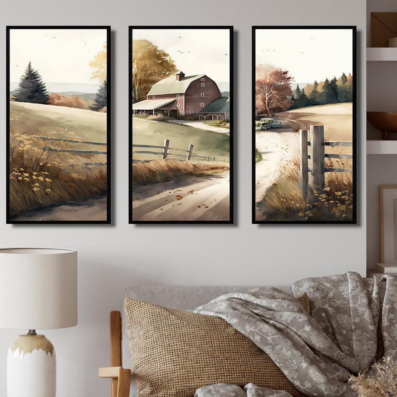 Chemin vers la grange IV - ensemble d'art mural sur toile, Cadre flottant noir, H 28 po x l 36 po