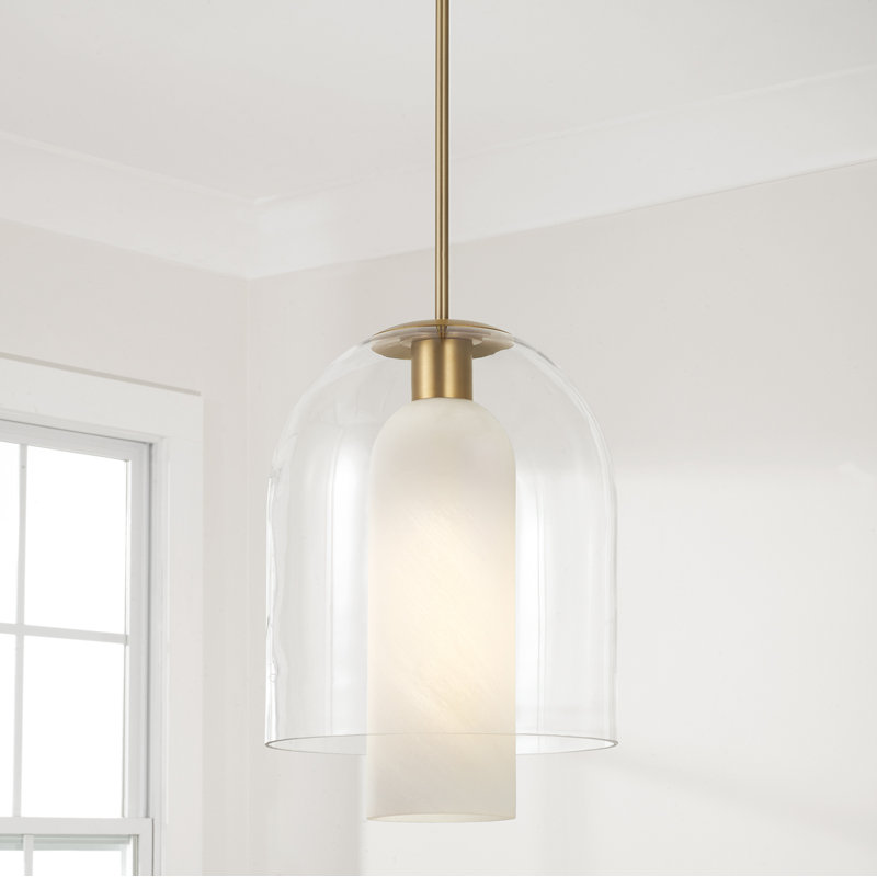 12" W x 16.5" H 1-Light Pendant in Aged Brass with Faux Alabaster Glass and Clear Glass Cloche