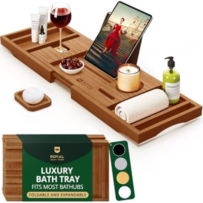 Premium Foldable Bathtub Tray - Wood Bath Tray For Tub, Bamboo Shelf, Expandable Bath Table Trays, Bathtub & Bathroom Accessories For New Home Gifts For Mom