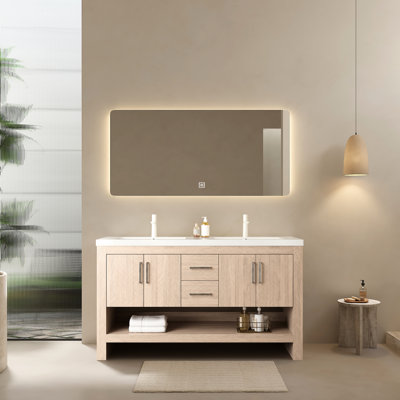 60" Bathroom Sink Vanity, 2 Basins, Acrylic, Plywood Storage, Oak, 4 Doors, Drawers, Pre-Assembled, Radiantly Vanity With Dual Sinks, Acrylic Integrated Basin, Storage Unit, Open Shelf, White/