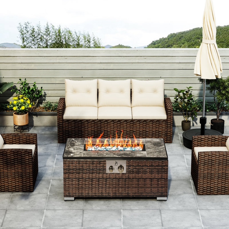 Brown Rattan Gas Fire Pit Table with Ceramic Tile Top