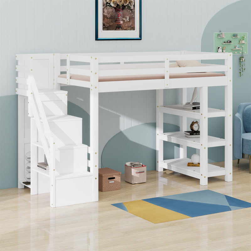 Lit mezzanine avec tablettes, escalier de rangement, petite armoire et lumière DEL, Lit simple