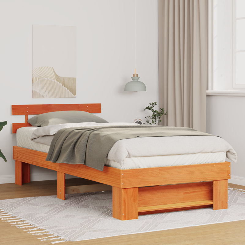With Headboard Solid Pine Wood, European Single (90 x 200 cm), Wax Brown